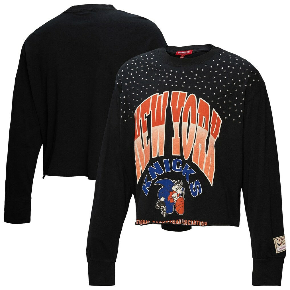Mitchell & Ness - New York Knicks Women's Hardwood Classics Studded Boxy Cropped Long Sleeve T-Shirt - Black