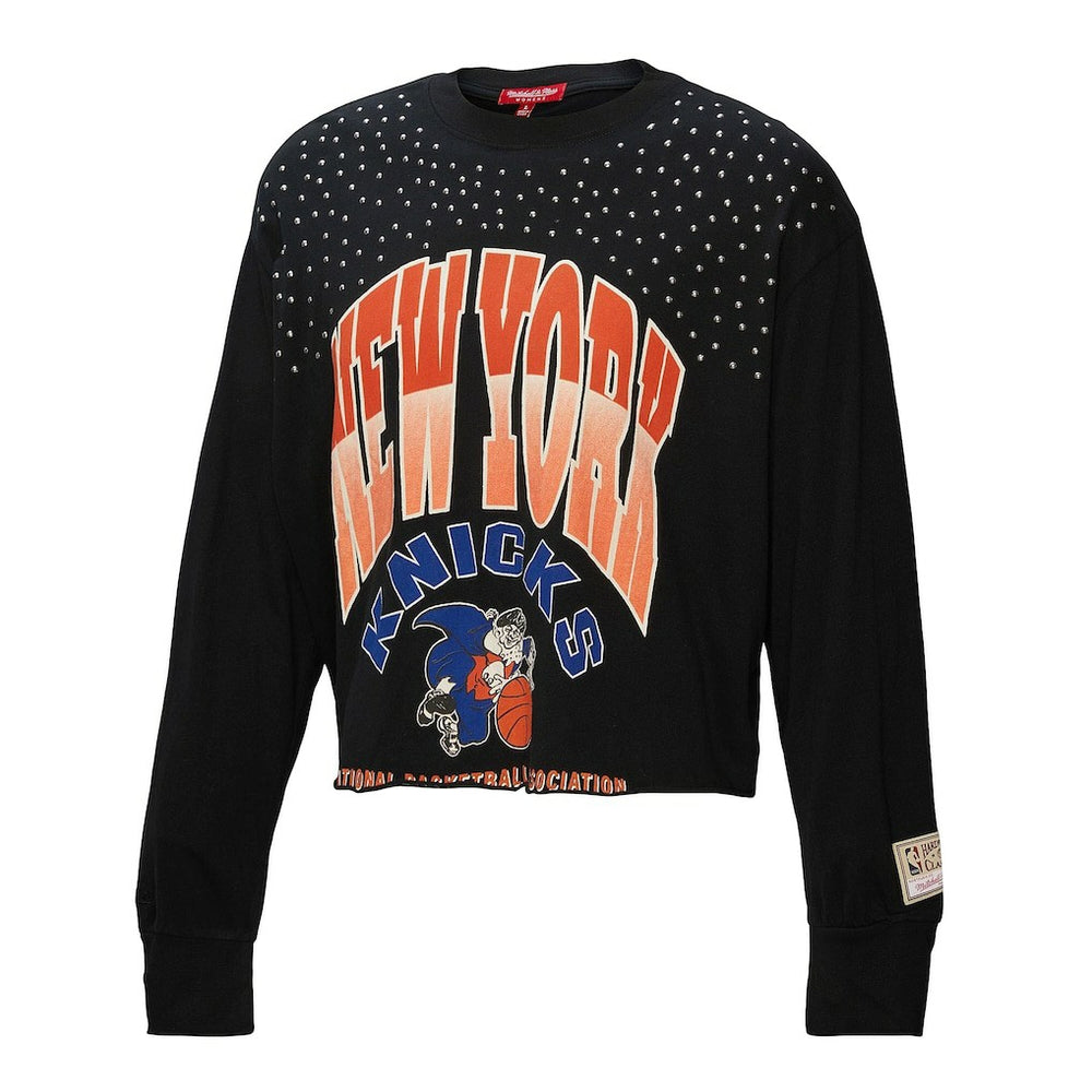 Mitchell & Ness - New York Knicks Women's Hardwood Classics Studded Boxy Cropped Long Sleeve T-Shirt - Black