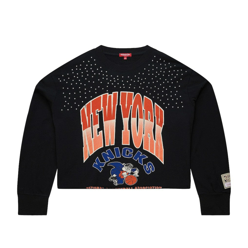 Mitchell & Ness - New York Knicks Women's Hardwood Classics Studded Boxy Cropped Long Sleeve T-Shirt - Black
