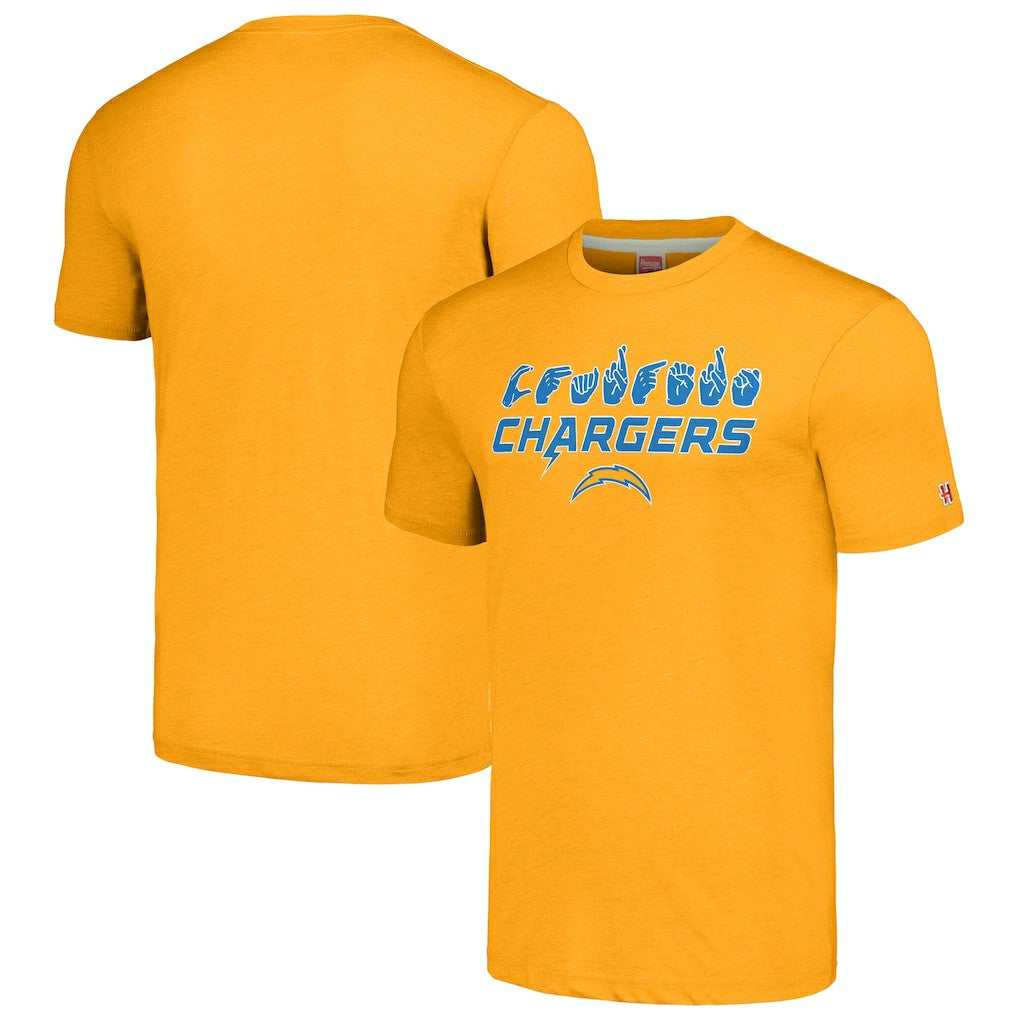 Los Angeles Chargers Homage Unisex The NFL ASL Collection by Love Sign American Sign Language T-Shirt Gold - NFL