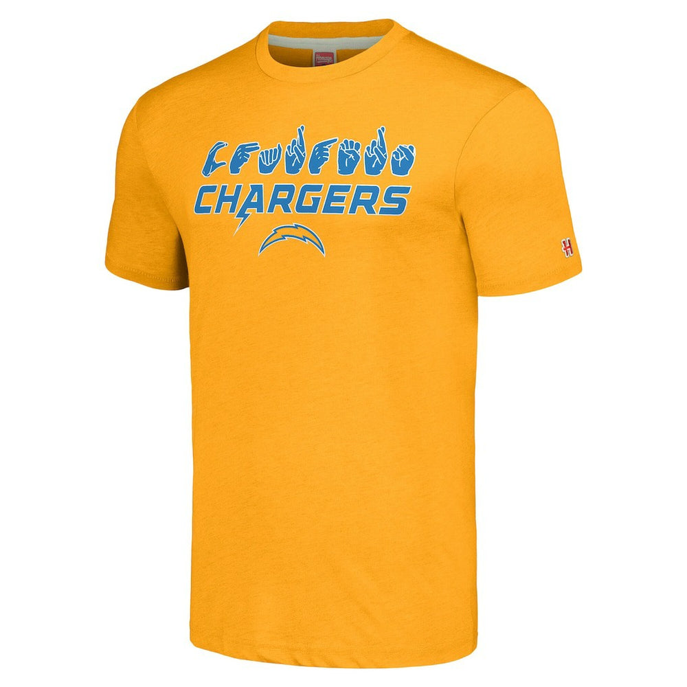 Los Angeles Chargers Homage Unisex The NFL ASL Collection by Love Sign American Sign Language T-Shirt Gold - NFL