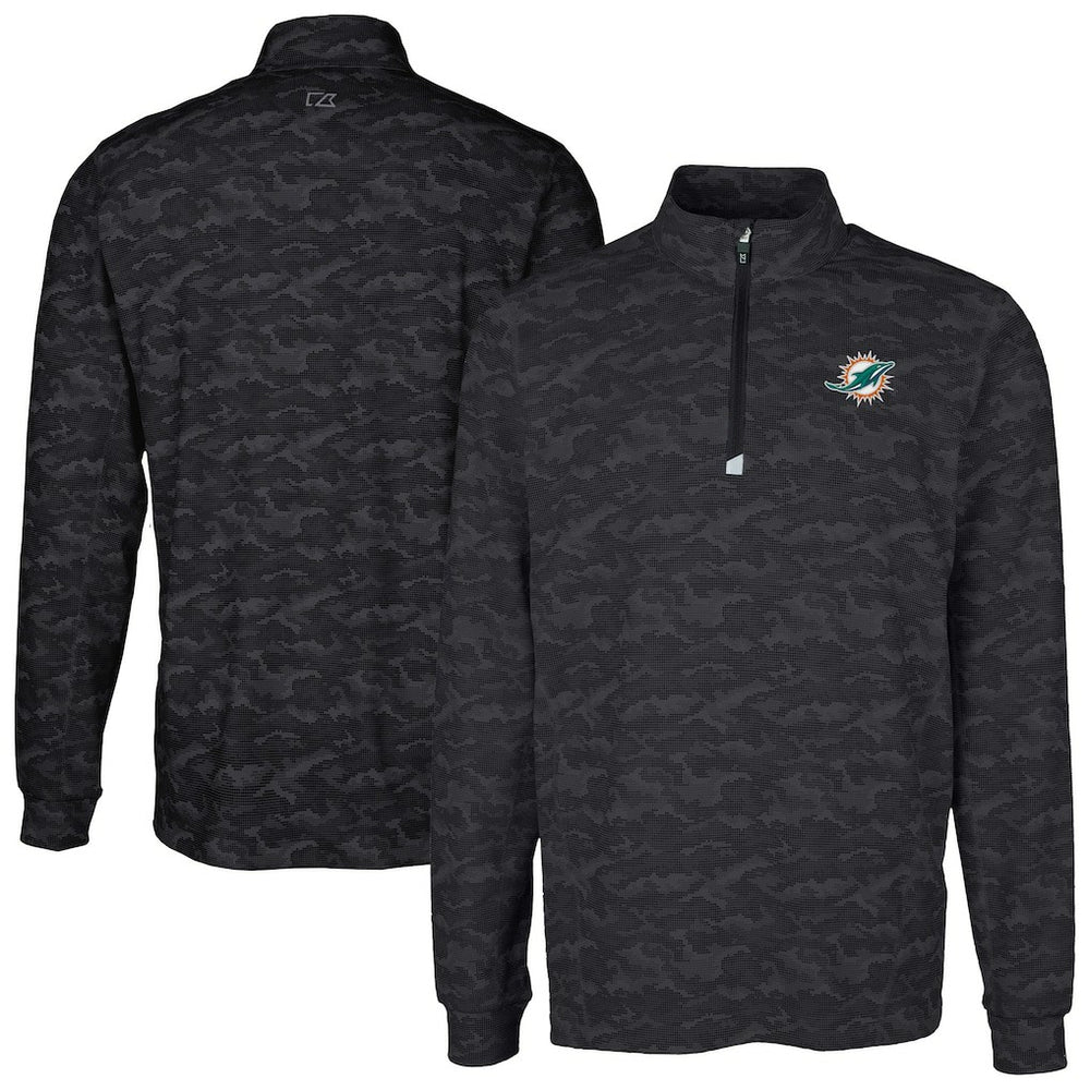 Miami Dolphins Cutter & Buck Big & Tall Traverse Eco Camo Tri-Blend DryTec Quarter-Zip Jacket Black - NFL