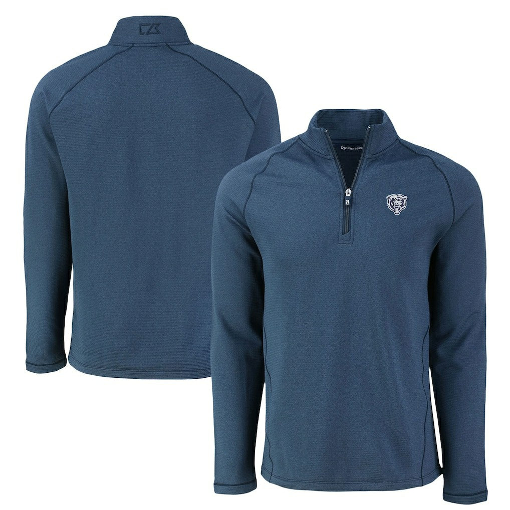 Chicago Bears Cutter & Buck Peshastin Eco Fleece Tri-Blend Raglan Recycled Quarter-Zip Jacket Heather Navy - NFL