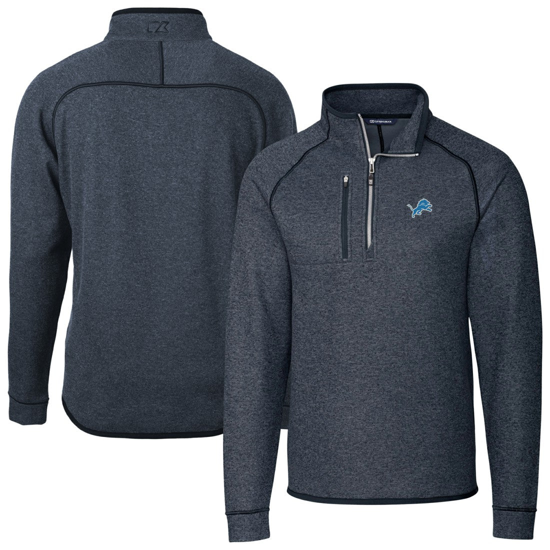 Detroit Lions Cutter & Buck Big & Tall Mainsail Sweater-Knit Raglan Half-Zip Jacket Heather Navy - NFL
