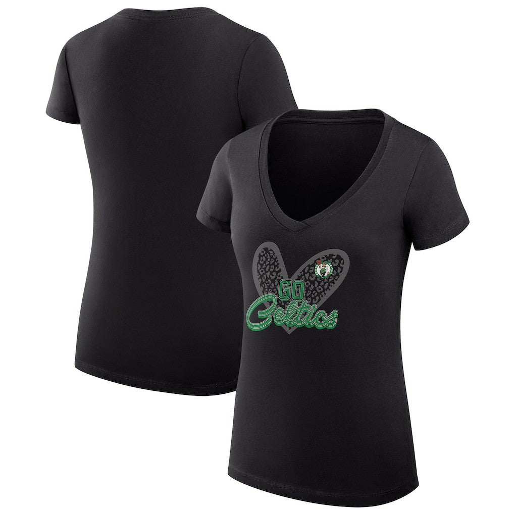 NBA - Boston Celtics G-III 4Her by Carl Banks Women's Super-Slim Fit Lightweight Leopard Heart V-Neck T-Shirt - Black