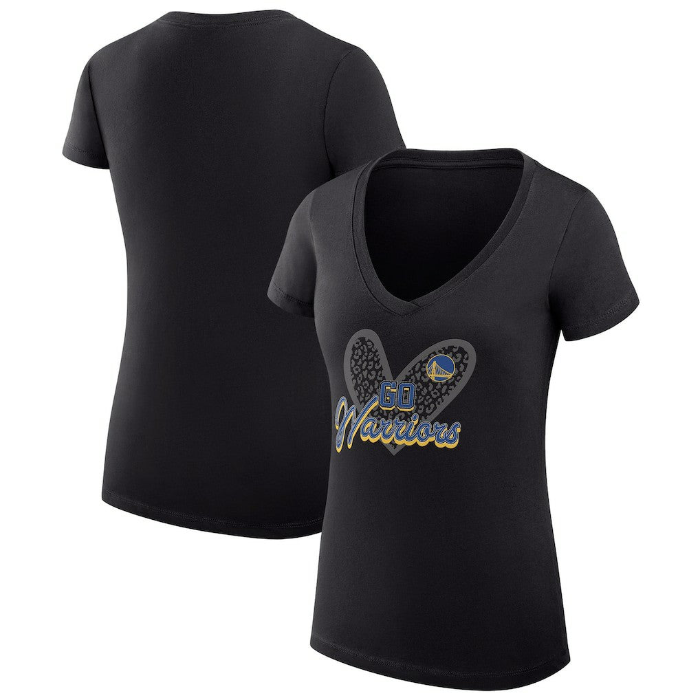 NBA - Golden State Warriors G-III 4Her by Carl Banks Women's Super-Slim Fit Lightweight Leopard Heart V-Neck T-Shirt - Black