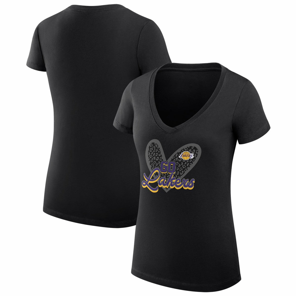 NBA - Los Angeles Lakers G-III 4Her by Carl Banks Women's Super-Slim Fit Lightweight Leopard Heart V-Neck T-Shirt - Black