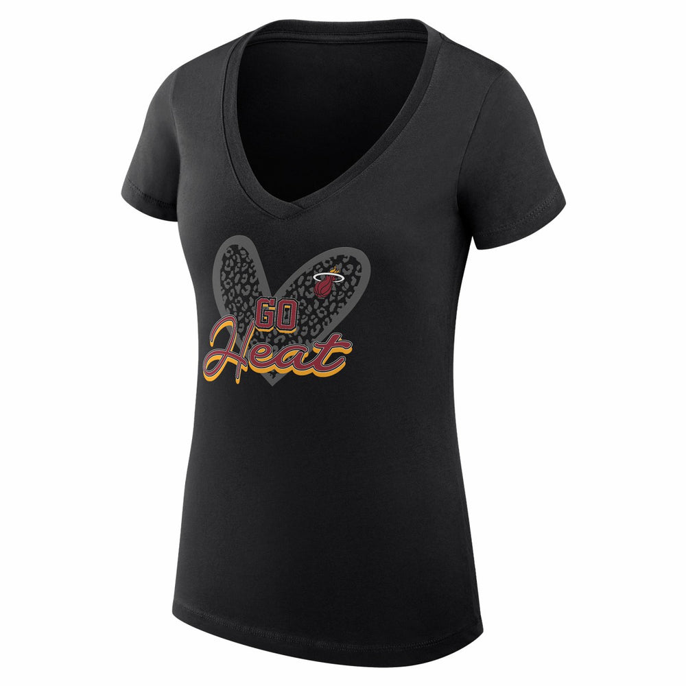NBA - Miami Heat G-III 4Her by Carl Banks Women's Super-Slim Fit Lightweight Leopard Heart V-Neck T-Shirt - Black