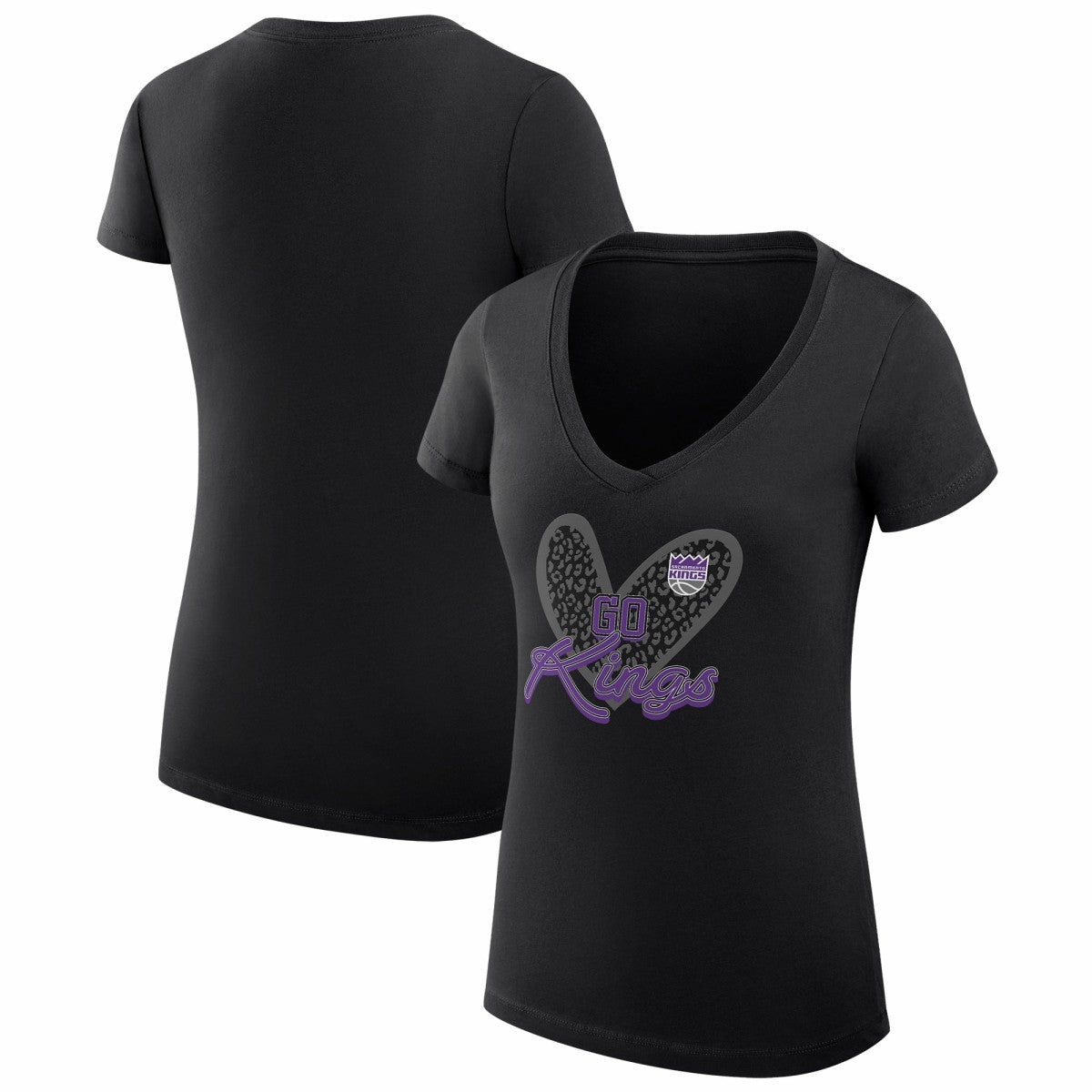 NBA - Sacramento Kings G-III 4Her by Carl Banks Women's Super-Slim Fit Lightweight Leopard Heart V-Neck T-Shirt - Black