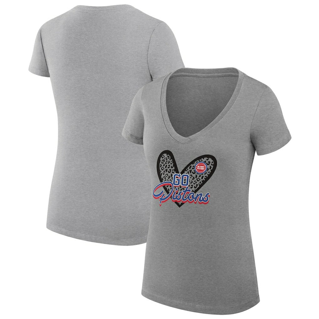 NBA - Detroit Pistons G-III 4Her by Carl Banks Women's Super-Slim Fit Lightweight Leopard Heart V-Neck T-Shirt - Heather Gray
