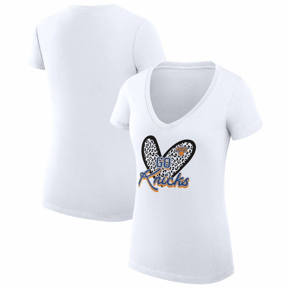 NBA - New York Knicks G-III 4Her by Carl Banks Women's Super-Slim Fit Lightweight Leopard Heart V-Neck T-Shirt - White