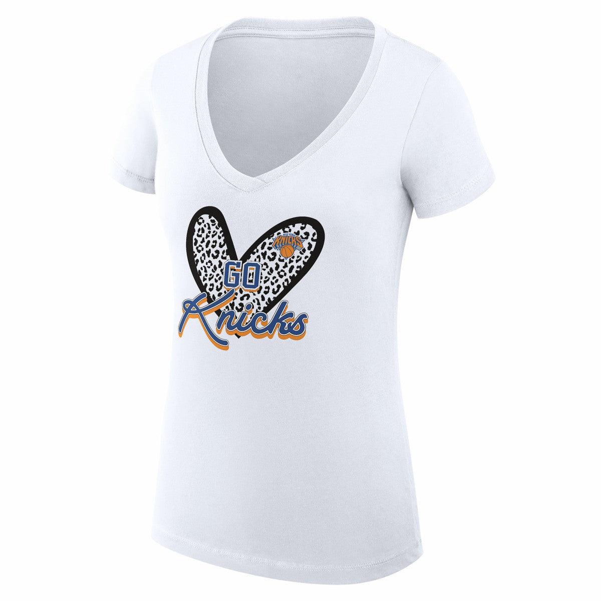 NBA - New York Knicks G-III 4Her by Carl Banks Women's Super-Slim Fit Lightweight Leopard Heart V-Neck T-Shirt - White