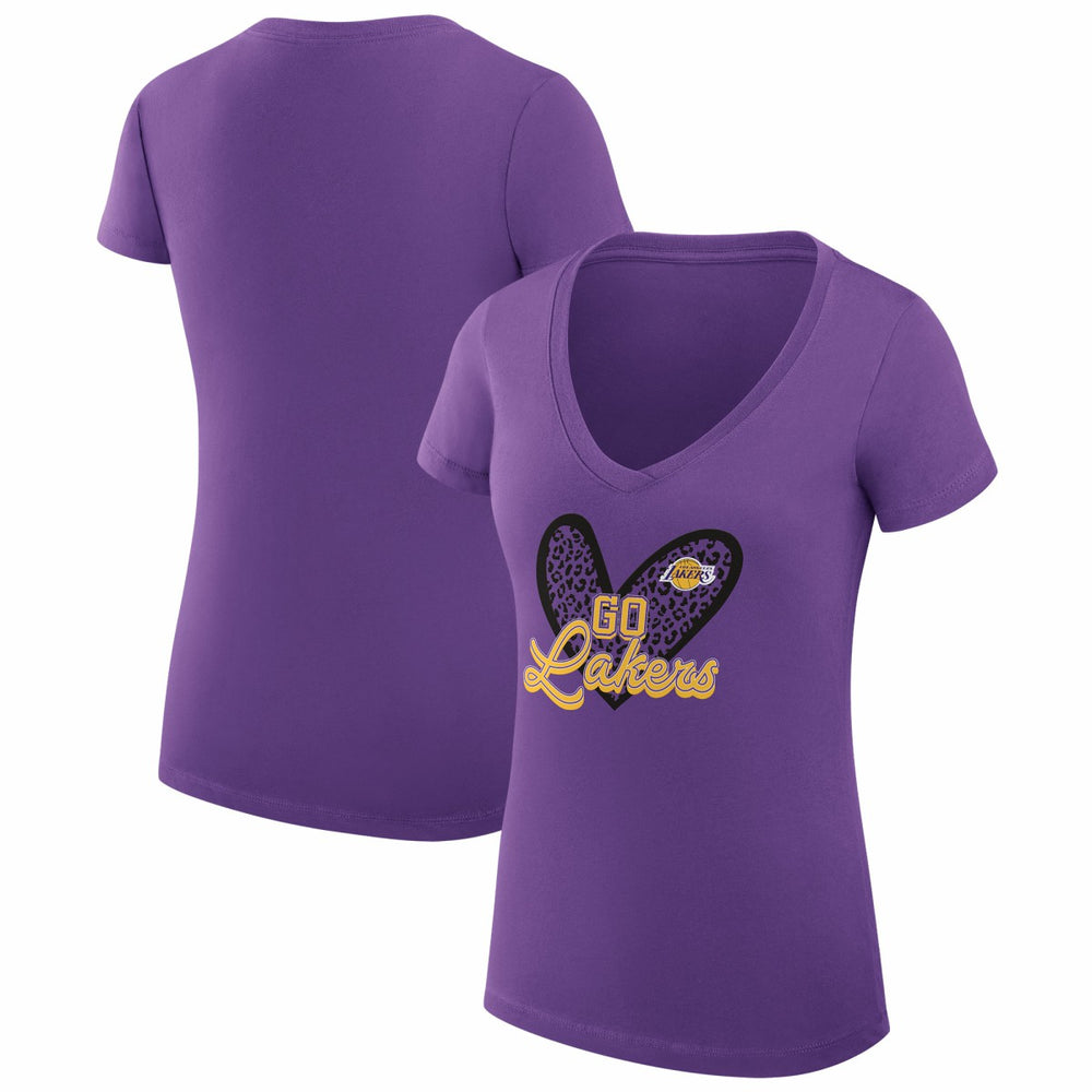 NBA - Los Angeles Lakers G-III 4Her by Carl Banks Women's Super-Slim Fit Lightweight Leopard Heart V-Neck T-Shirt - Purple