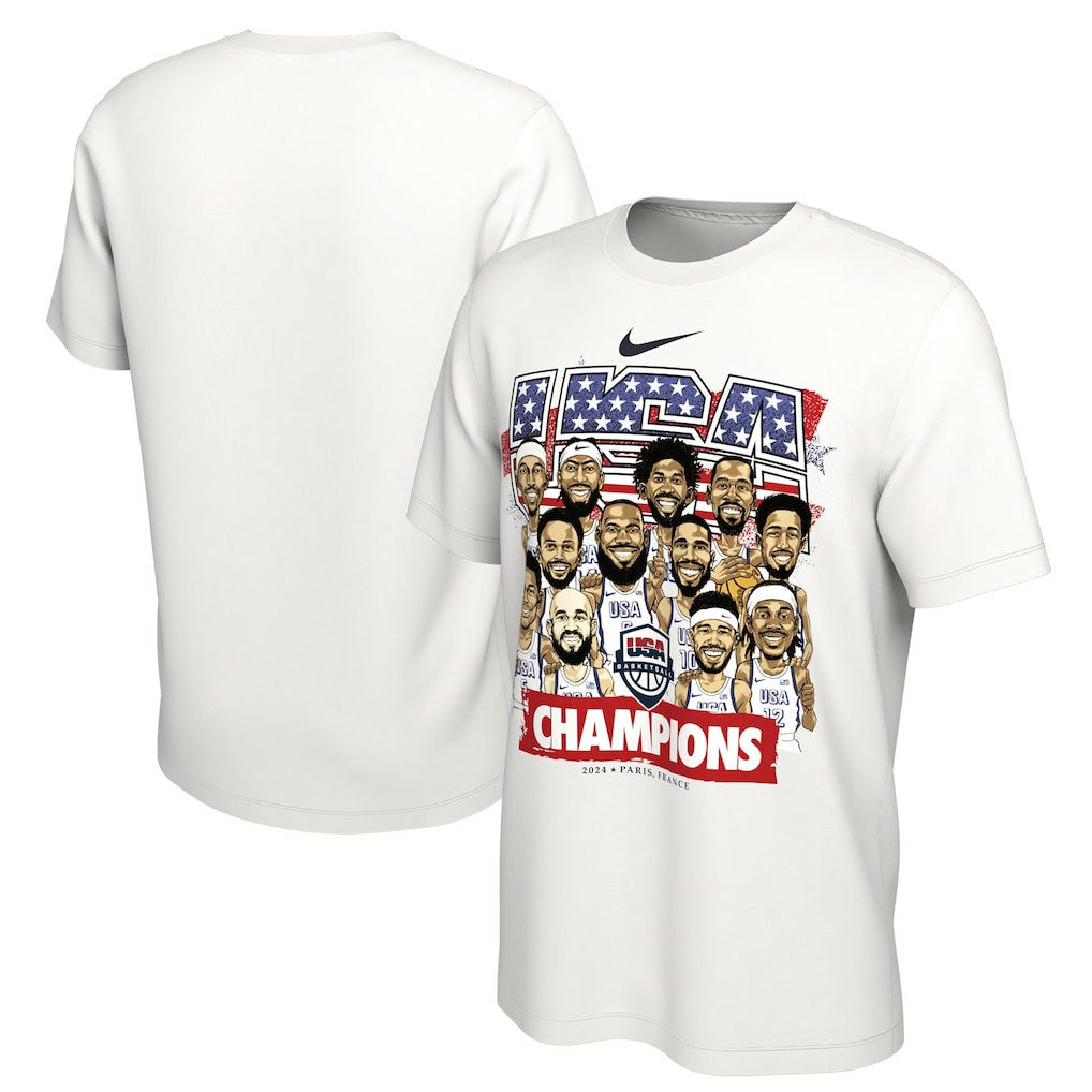 Nike - USA Men's Basketball Unisex 2024 Summer Olympics Gold Medal Team Caricature T-Shirt - White