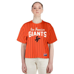 San Francisco Giants New Era Women's 2025 City Connect Boxy Pinstripe T-Shirt Lifestyle