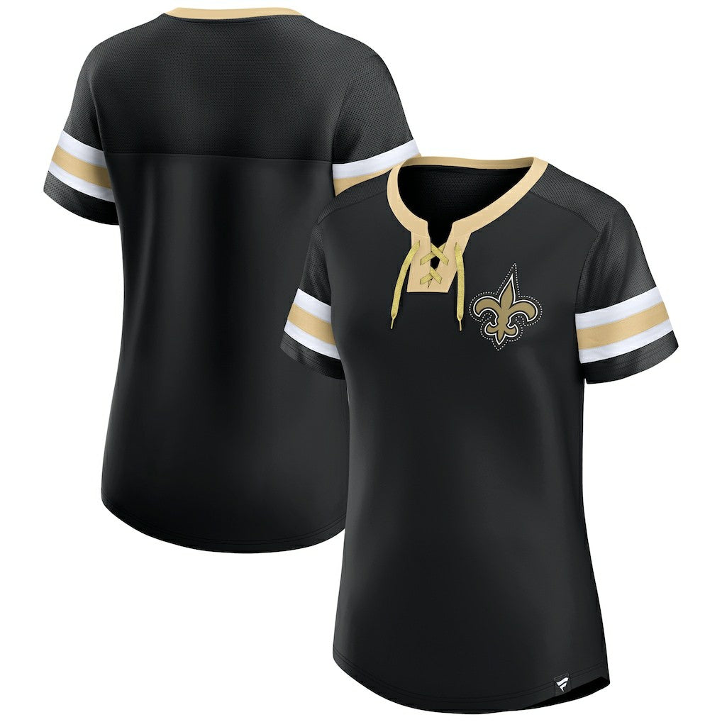 New Orleans Saints Women's Bling Athena Jersey Style Lace-up T-Shirt Black - Fanatics