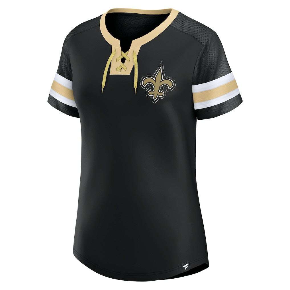 New Orleans Saints Women's Bling Athena Jersey Style Lace-up T-Shirt Black - Fanatics