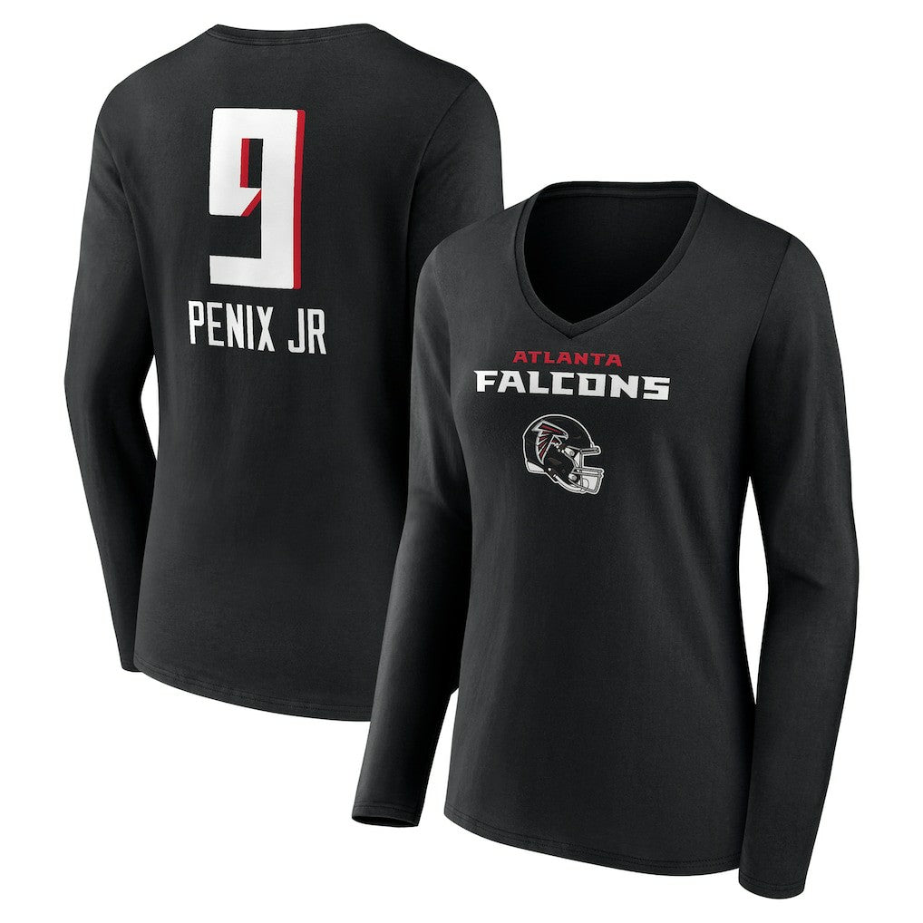 Michael Penix Jr. Atlanta Falcons Women's Name & Number Team Wordmark Long Sleeve V-Neck T-Shirt Black - NFL