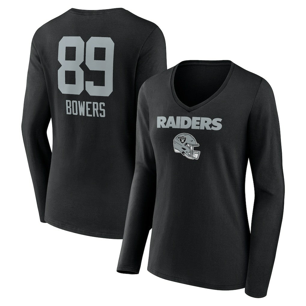 Brock Bowers Las Vegas Raiders Women's Name & Number Team Wordmark Long Sleeve V-Neck T-Shirt Black - NFL