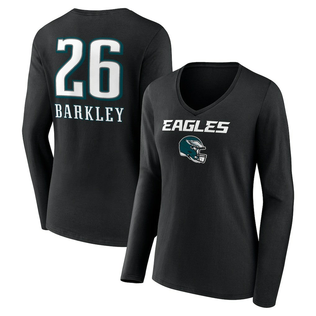 Saquon Barkley Philadelphia Eagles Women's Name & Number Team Wordmark Long Sleeve V-Neck T-Shirt Black - NFL