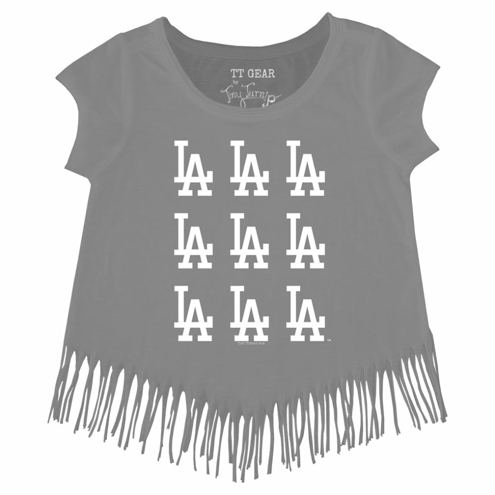 Los Angeles Dodgers Tiny Turnip Girls Youth Logo Grid Fringe T-Shirt discount