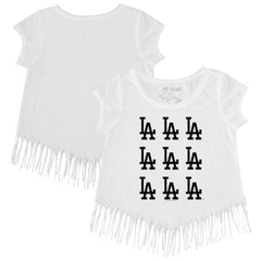 Los Angeles Dodgers Tiny Turnip Girls Youth Logo Grid Fringe T-Shirt Clearance