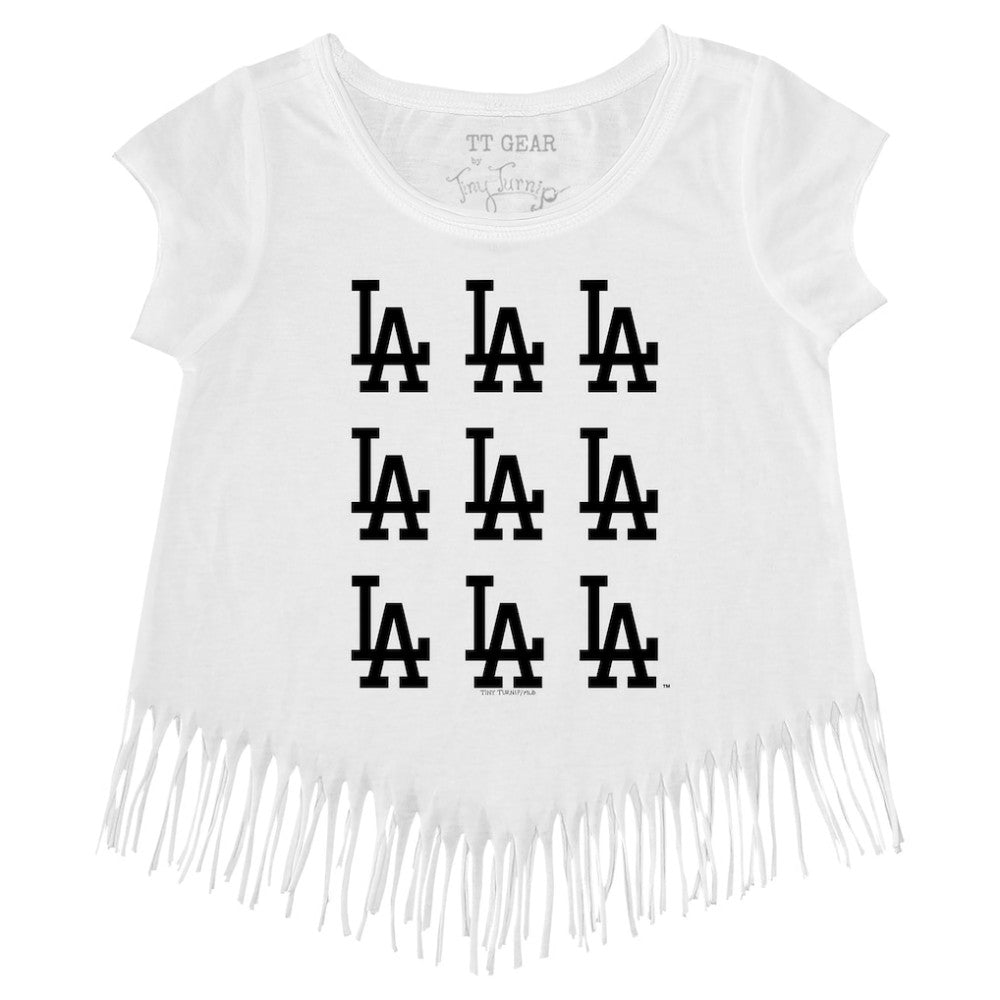 Los Angeles Dodgers Tiny Turnip Girls Youth Logo Grid Fringe T-Shirt Clearance