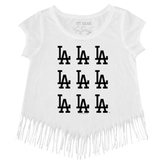 Los Angeles Dodgers Tiny Turnip Girls Youth Logo Grid Fringe T-Shirt Clearance