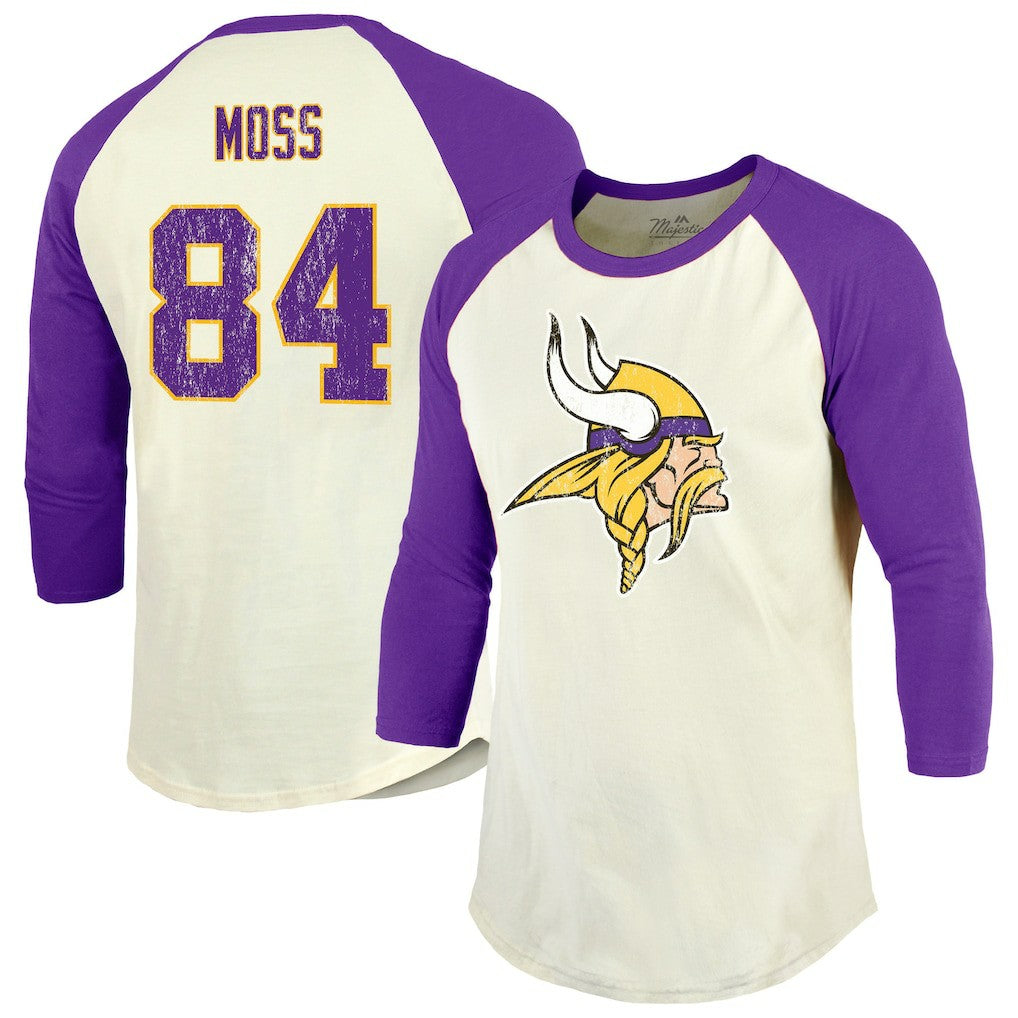 Randy Moss Minnesota Vikings Majestic Threads Retired Player Name & Number 3/4 Raglan Sleeve T-Shirt  Cream/Purple - NFL