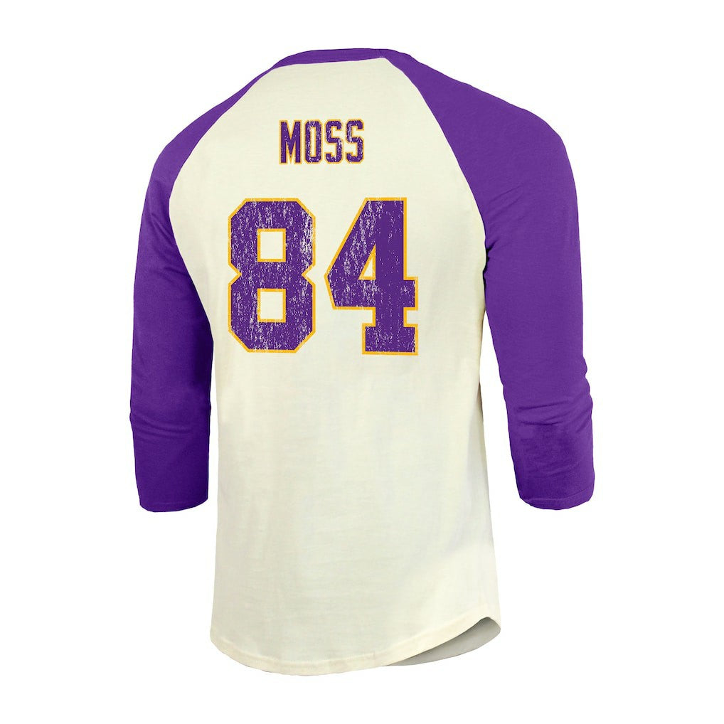 Randy Moss Minnesota Vikings Majestic Threads Retired Player Name & Number 3/4 Raglan Sleeve T-Shirt  Cream/Purple - NFL
