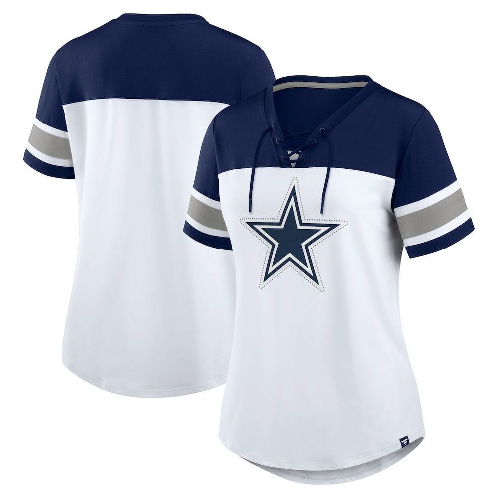 Dallas Cowboys Women's Athena Rhinestone Lace-Up V-Neck T-Shirt White/Navy - Fanatics
