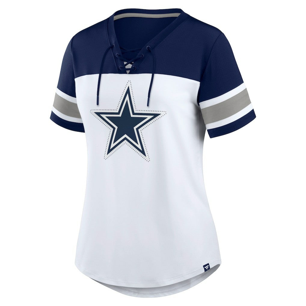 Dallas Cowboys Women's Athena Rhinestone Lace-Up V-Neck T-Shirt White/Navy - Fanatics