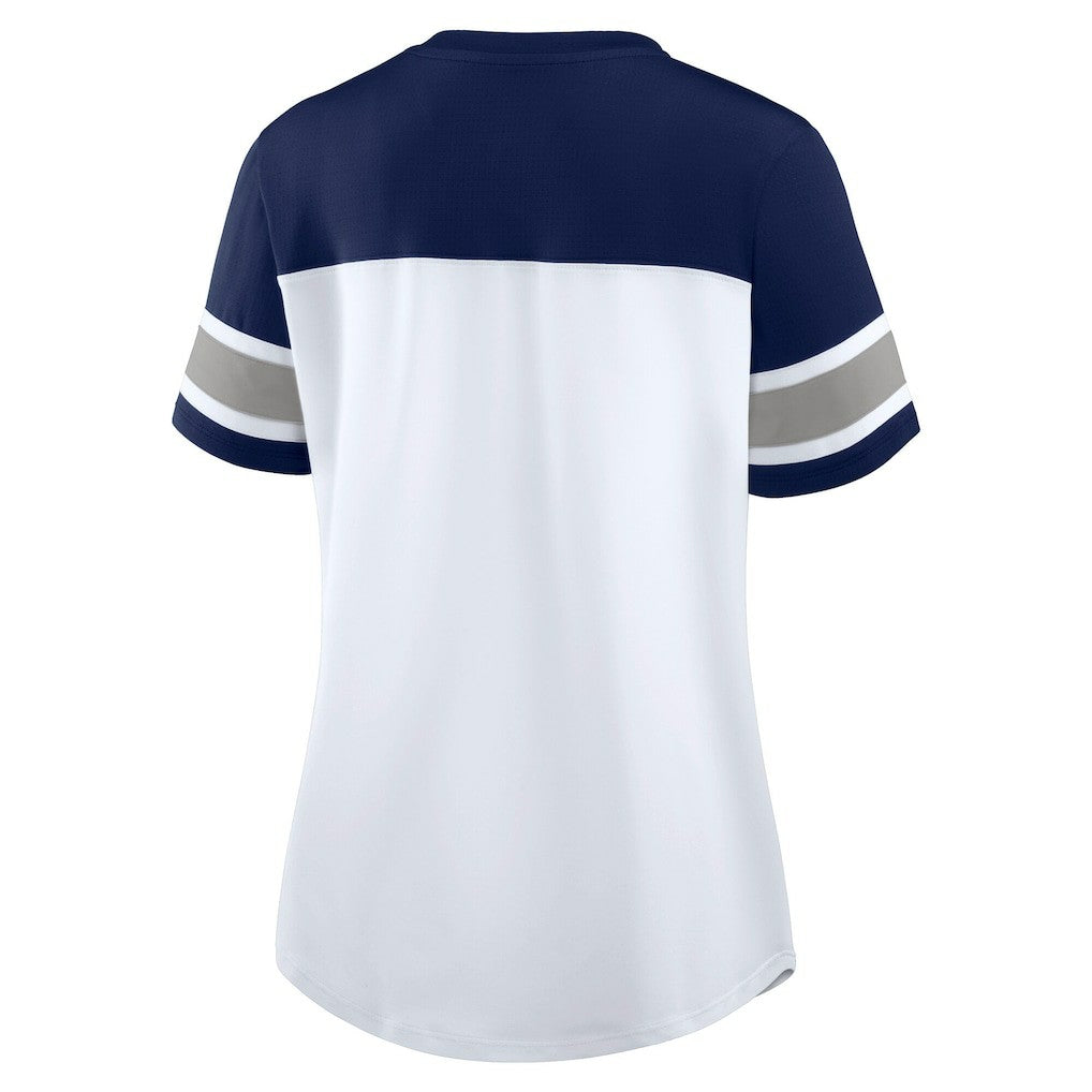 Dallas Cowboys Women's Athena Rhinestone Lace-Up V-Neck T-Shirt White/Navy - Fanatics