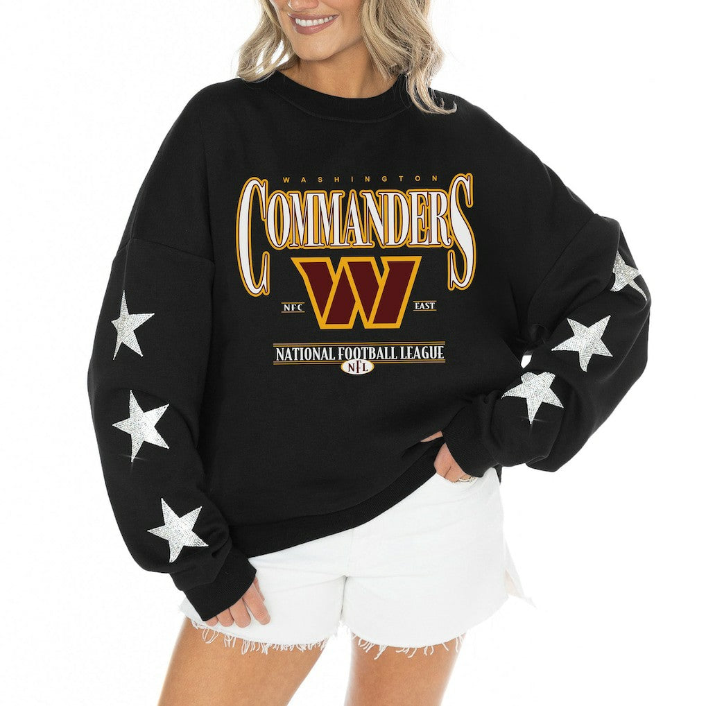Washington Commanders Gameday Couture Women's Rhinestone Star Sleeve Settle the Score Oversized Tri-Blend Pullover Black - NFL