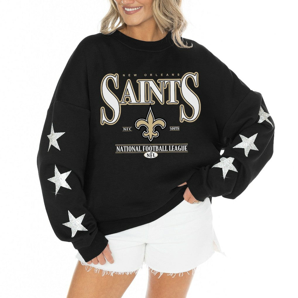 New Orleans Saints Gameday Couture Women's Rhinestone Star Sleeve Settle the Score Oversized Tri-Blend Pullover Black - NFL