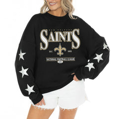 New Orleans Saints Gameday Couture Women's Rhinestone Star Sleeve Settle the Score Oversized Tri-Blend Pullover Black - NFL