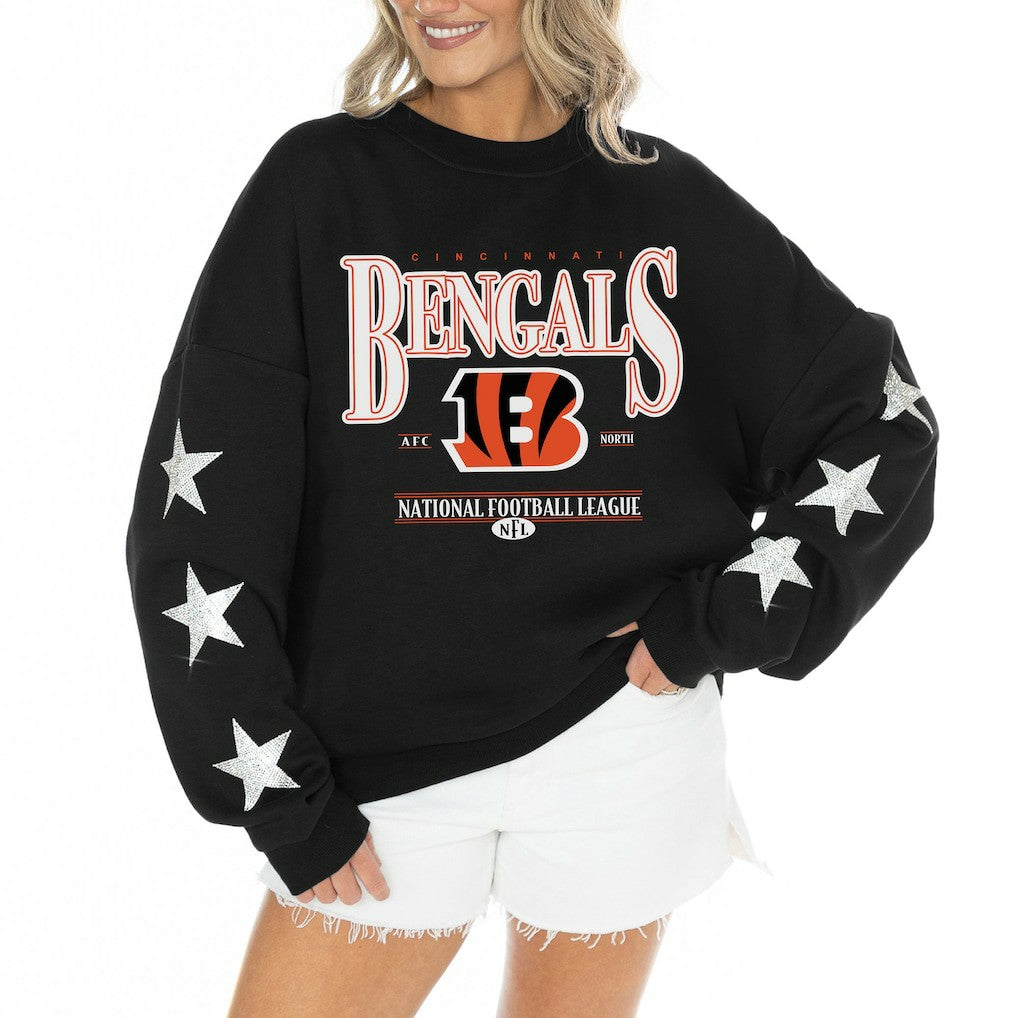 Cincinnati Bengals Gameday Couture Women's Rhinestone Star Sleeve Settle the Score Oversized Tri-Blend Pullover Black - NFL
