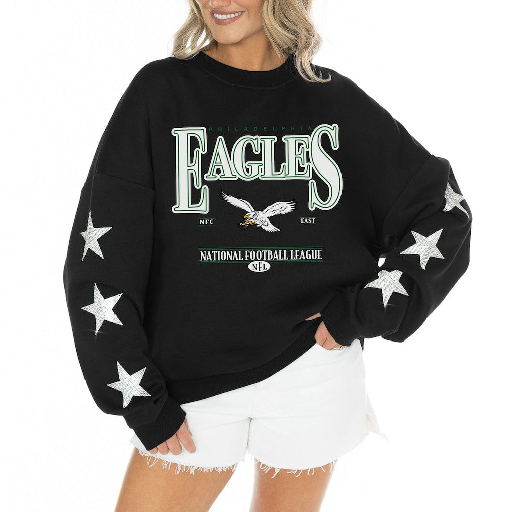 Philadelphia Eagles Gameday Couture Women's Rhinestone Star Sleeve Settle the Score Oversized Tri-Blend Pullover Black - NFL