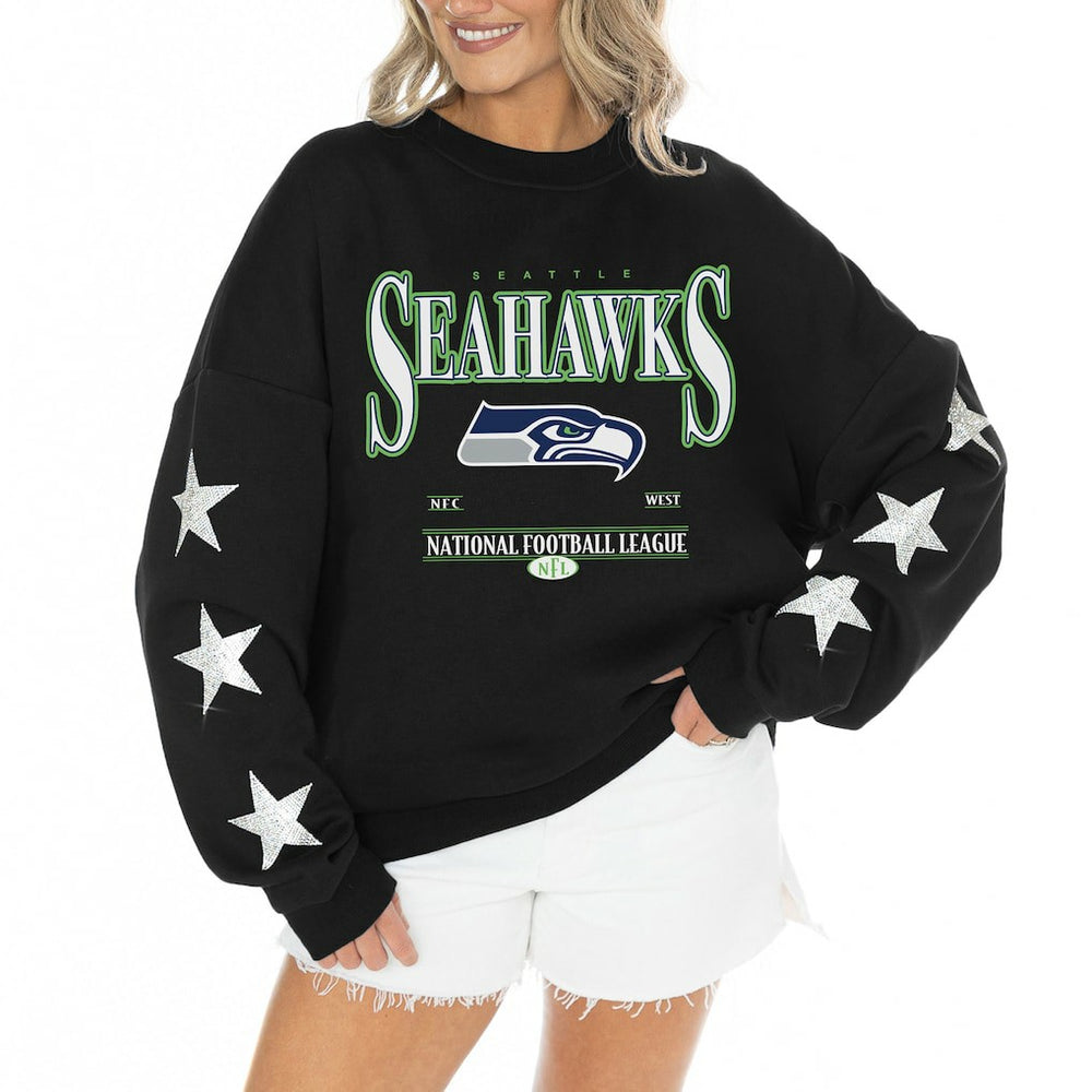 Seattle Seahawks Gameday Couture Women's Rhinestone Star Sleeve Settle the Score Oversized Tri-Blend Pullover Black - NFL