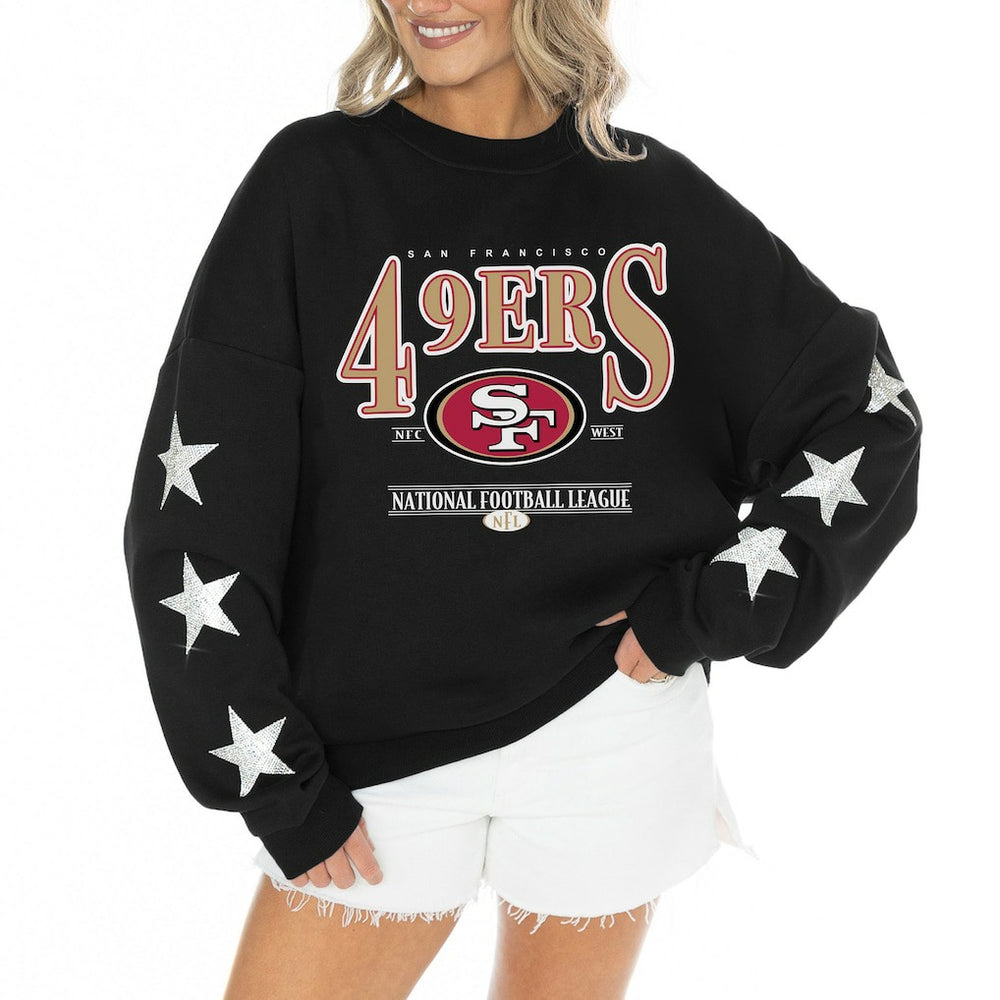 San Francisco 49ers Gameday Couture Women's Rhinestone Star Sleeve Settle the Score Oversized Tri-Blend Pullover Black - NFL