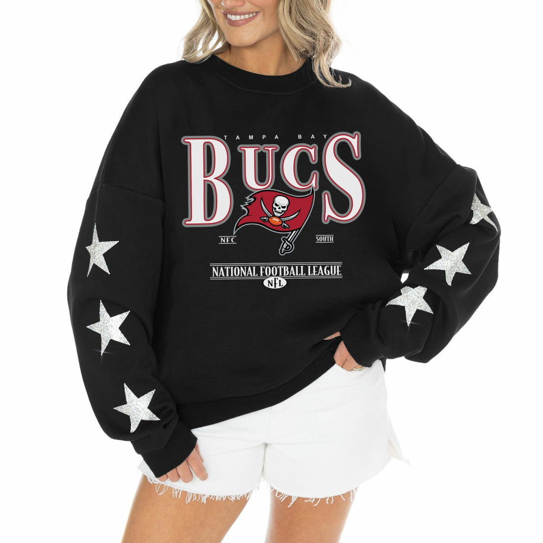 Tampa Bay Buccaneers Gameday Couture Women's Rhinestone Star Sleeve Settle the Score Oversized Tri-Blend Pullover Black - NFL