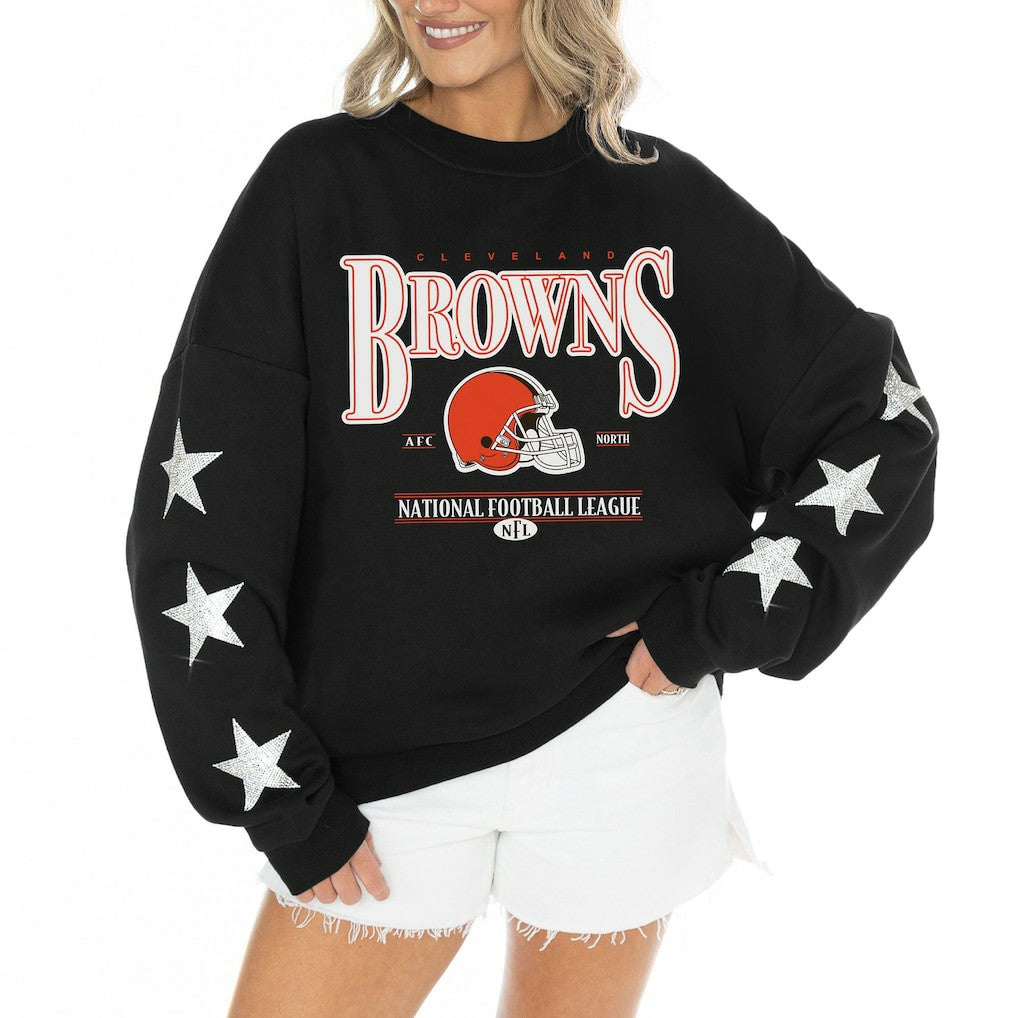 Cleveland Browns Gameday Couture Women's Rhinestone Star Sleeve Settle the Score Oversized Tri-Blend Pullover Black - NFL