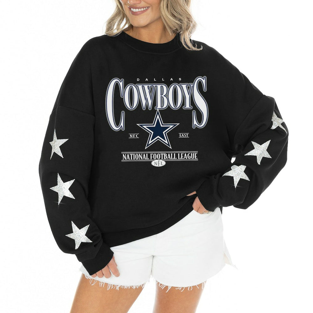 Dallas Cowboys Gameday Couture Women's Rhinestone Star Sleeve Settle the Score Oversized Tri-Blend Pullover Black - NFL