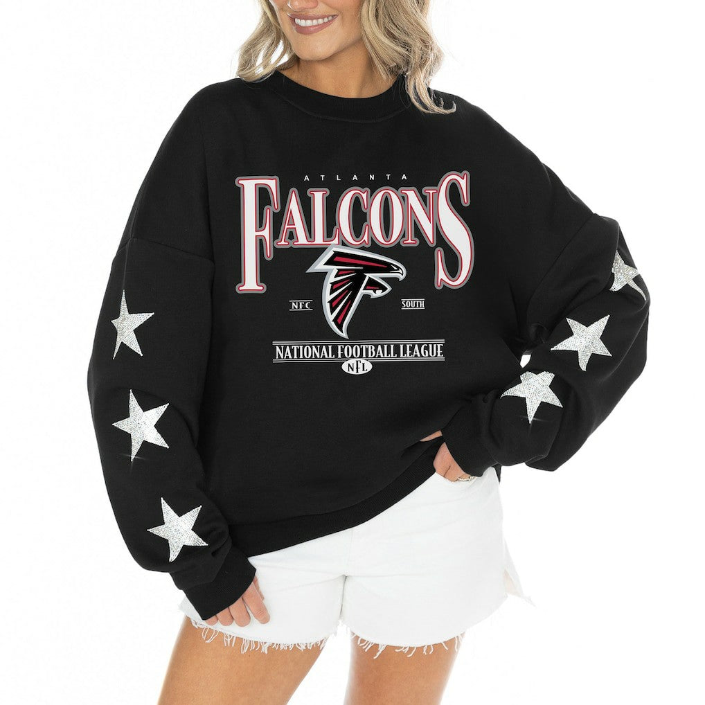Atlanta Falcons Gameday Couture Women's Rhinestone Star Sleeve Settle the Score Oversized Tri-Blend Pullover Black - NFL