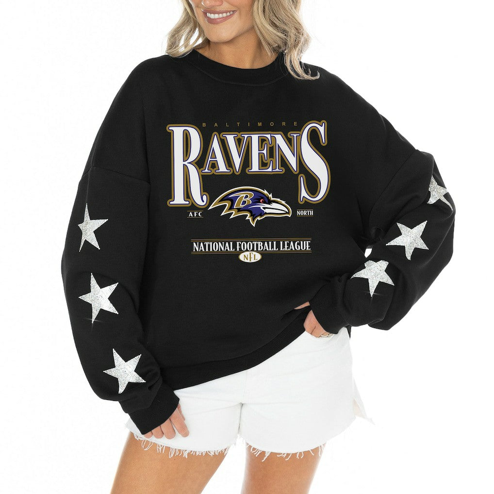 Baltimore Ravens Gameday Couture Women's Rhinestone Star Sleeve Settle the Score Oversized Tri-Blend Pullover Black - NFL