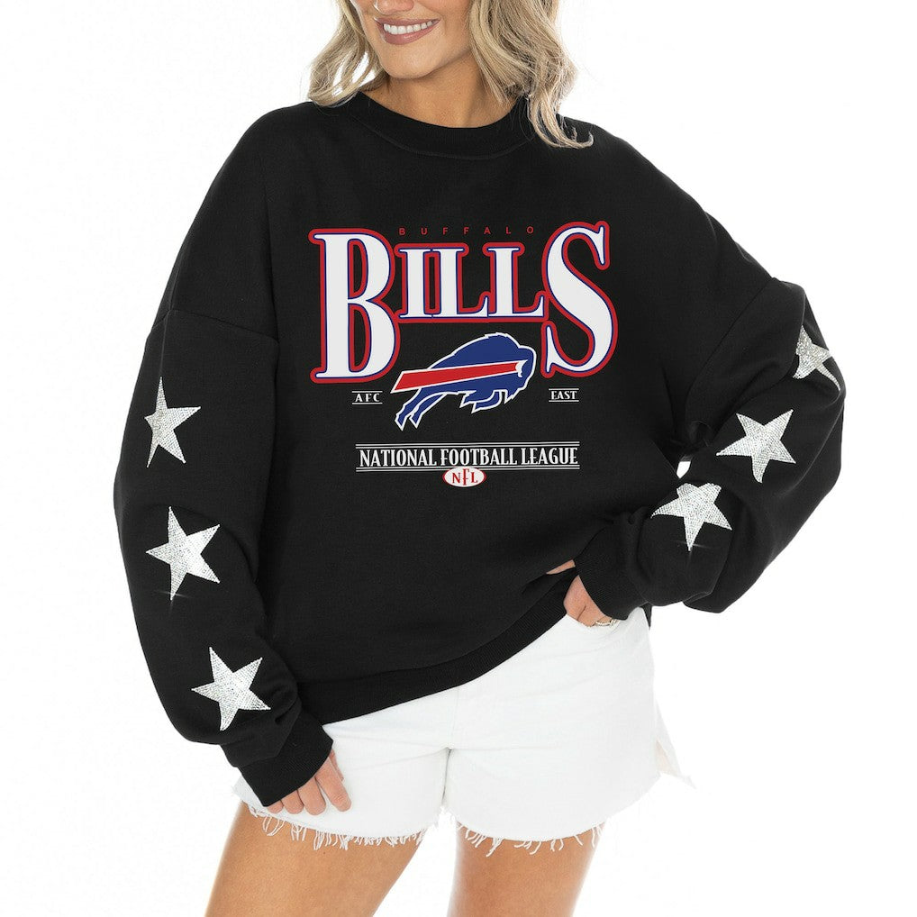 Buffalo Bills Gameday Couture Women's Rhinestone Star Sleeve Settle the Score Oversized Tri-Blend Pullover Black - NFL