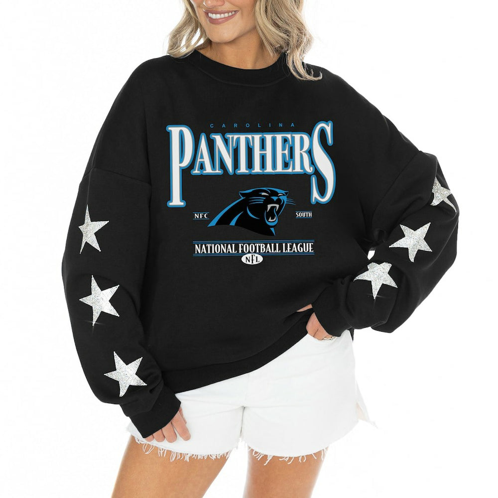 Carolina Panthers Gameday Couture Women's Rhinestone Star Sleeve Settle the Score Oversized Tri-Blend Pullover Black - NFL