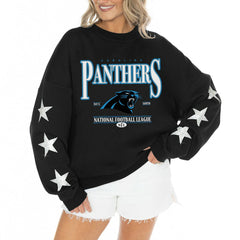 Carolina Panthers Gameday Couture Women's Rhinestone Star Sleeve Settle the Score Oversized Tri-Blend Pullover Black - NFL