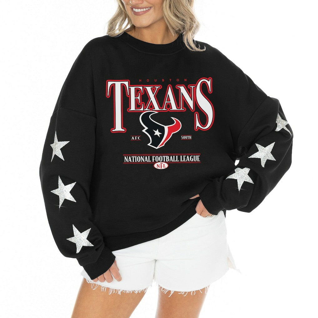 Houston Texans Gameday Couture Women's Rhinestone Star Sleeve Settle the Score Oversized Tri-Blend Pullover Black - NFL