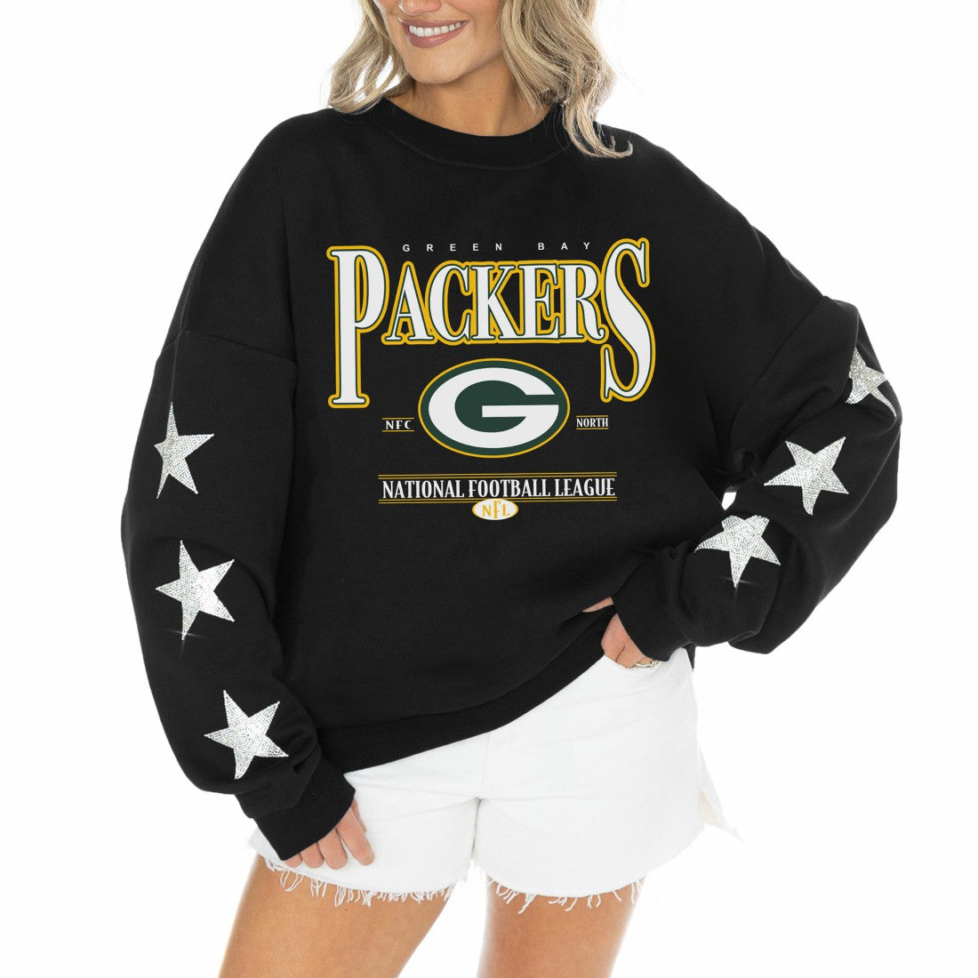 Green Bay Packers Gameday Couture Women's Rhinestone Star Sleeve Settle the Score Oversized Tri-Blend Pullover Black - NFL
